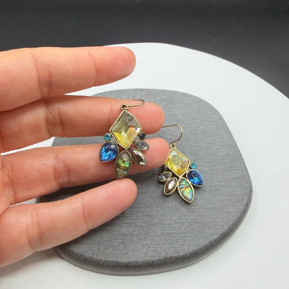Multicolor Rhinestone Abalone Look Gold Tone Dangle Earrings Boho Statement